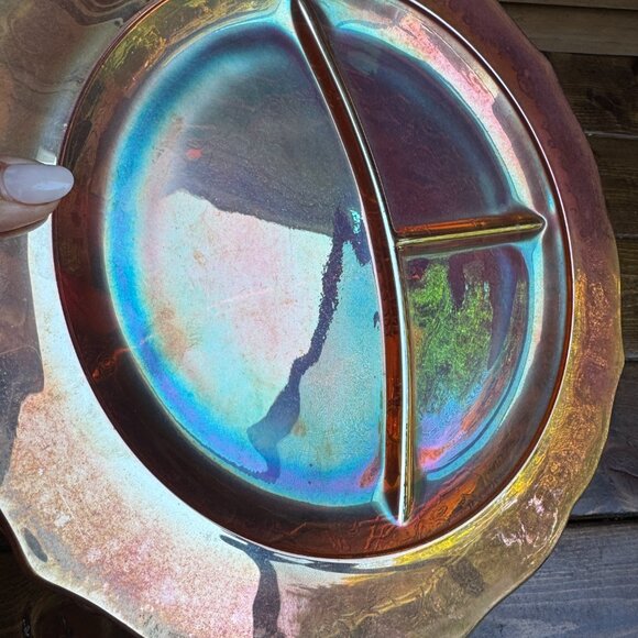 Vintage Iridescent Carnival Glass Divided Plates – Marigold Orange Set of 4 - Picture 4 of 5